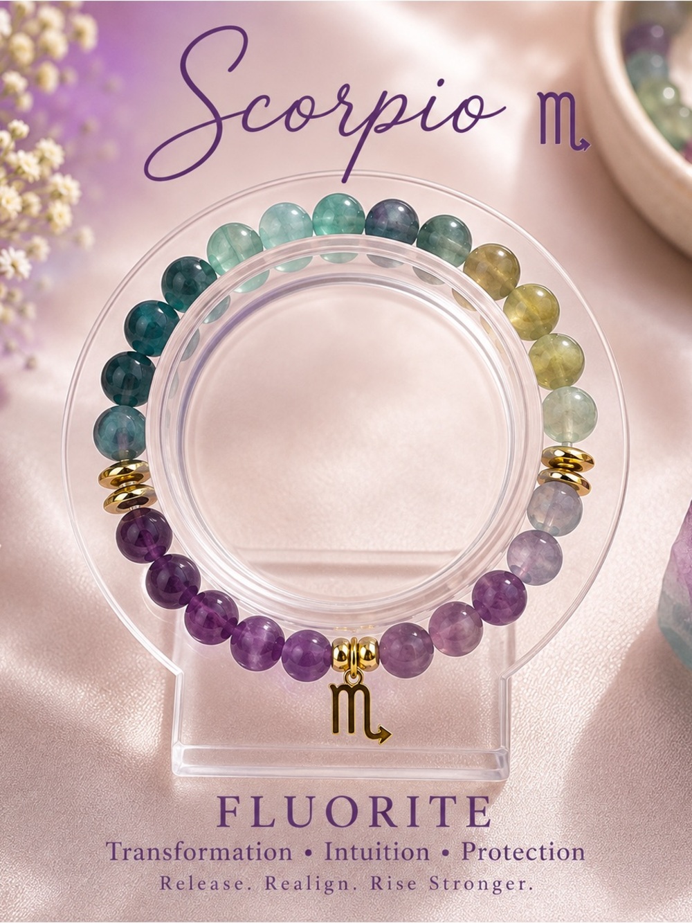 Fluorite Scorpio Beaded Bracelet — Purple & Green